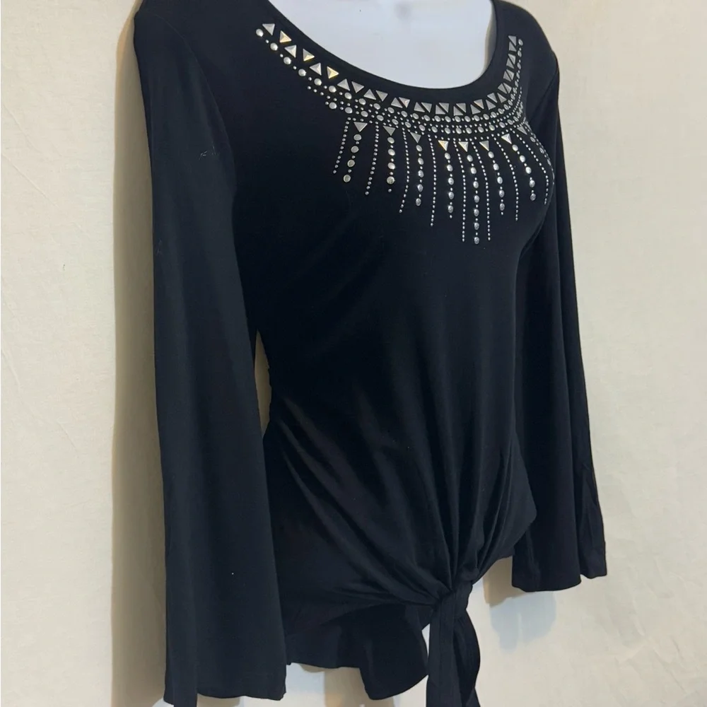 H-161 JM Collection Black Embellished Tie Front Long Sleeve Pullover Blouse‎ - Picture 6 of 14